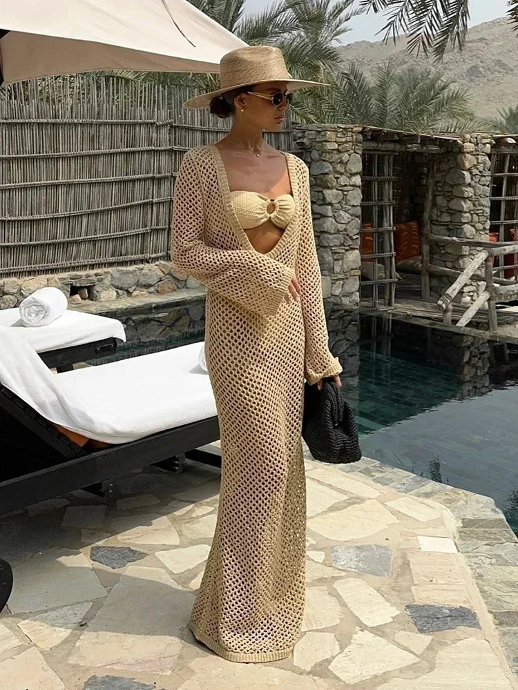 Sexy U-hals Bell Mouw Gebreide Maxi Jurk Zomer 2024 Vrouwen Badmode Vrouwelijke Bikini Cover-ups Vakantie Gehaakte Strand Outfit K21