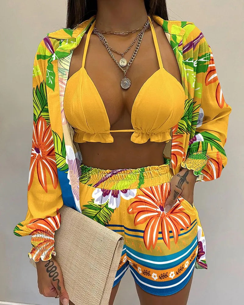 2024 Nieuwe Badpak Shorts Cover Up Zomer Drie Stukken Badmode Sexy Beachwear Hoge Taille Bikini Set Print Vrouwen badpak