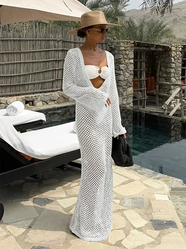 Sexy U-hals Bell Mouw Gebreide Maxi Jurk Zomer 2024 Vrouwen Badmode Vrouwelijke Bikini Cover-ups Vakantie Gehaakte Strand Outfit K21