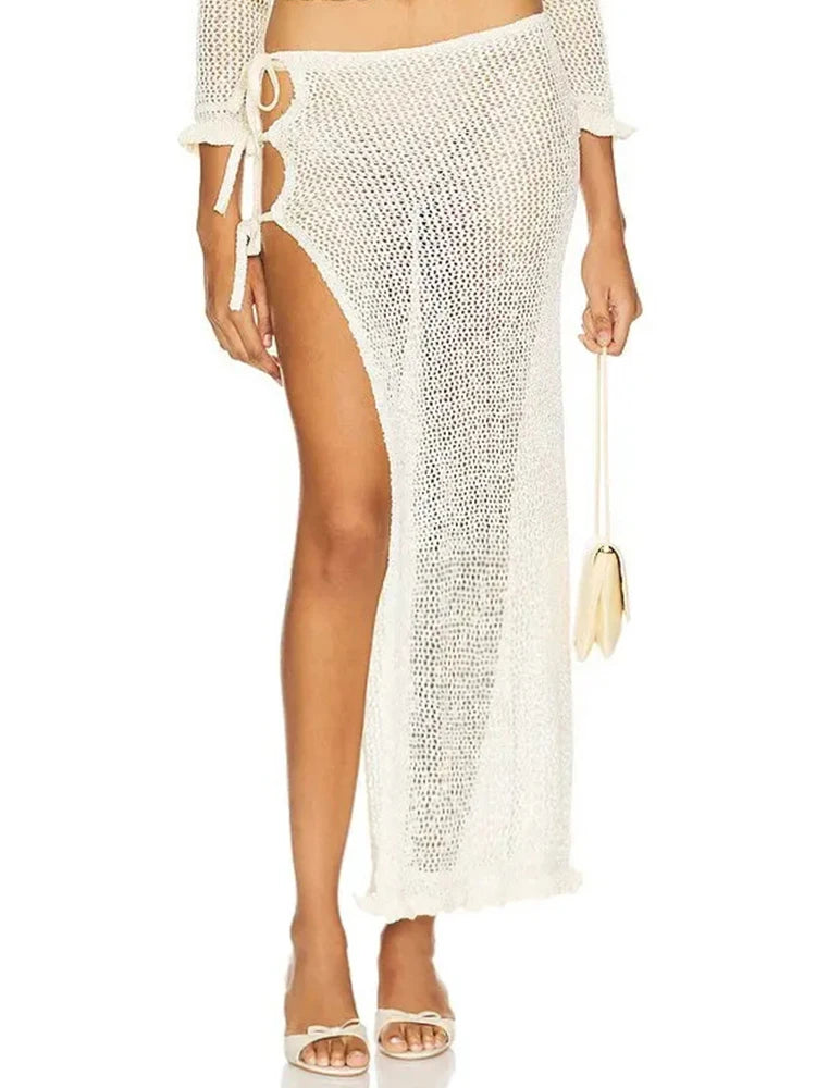 Sexy Zomer Gebreide Uitgesneden Strand Halve Rok Vrouwen Chique Zijsplit Lace-up Casual Wikkelrokken 2025, Pool Party Badpak Cover Up K249