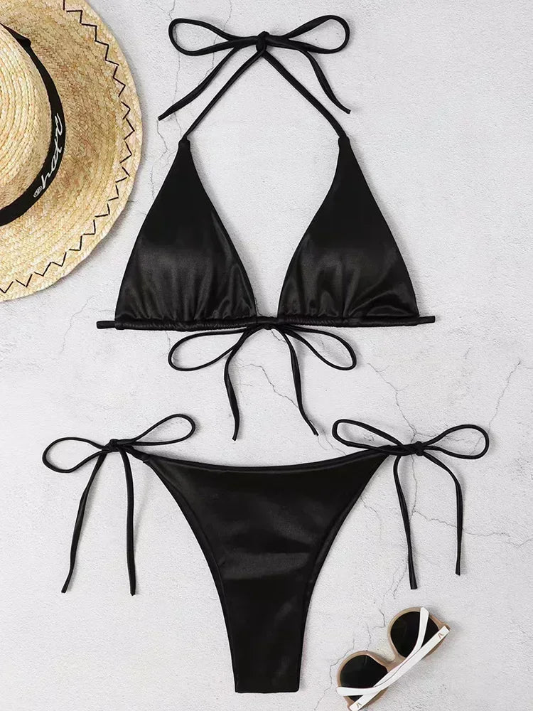 Halter Braziliaanse Metallic Satijnen Bikini Dames Badmode Vrouwelijk Badpak Tweedelige Bikini Set Hoog Uitgesneden Badpak Zwemmen Strandkleding