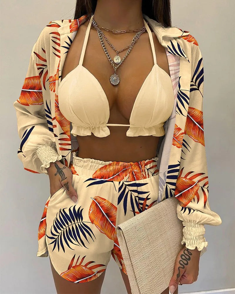 2024 Nieuwe Badpak Shorts Cover Up Zomer Drie Stukken Badmode Sexy Beachwear Hoge Taille Bikini Set Print Vrouwen badpak