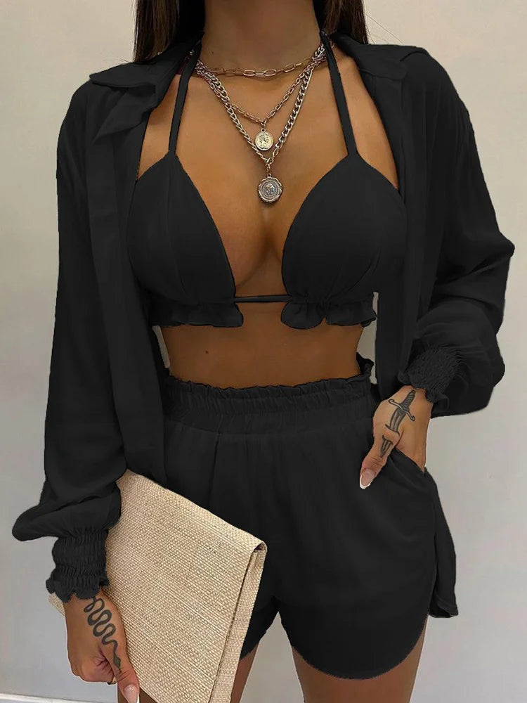 2024 Nieuwe Badpak Shorts Cover Up Zomer Drie Stukken Badmode Sexy Beachwear Hoge Taille Bikini Set Print Vrouwen badpak
