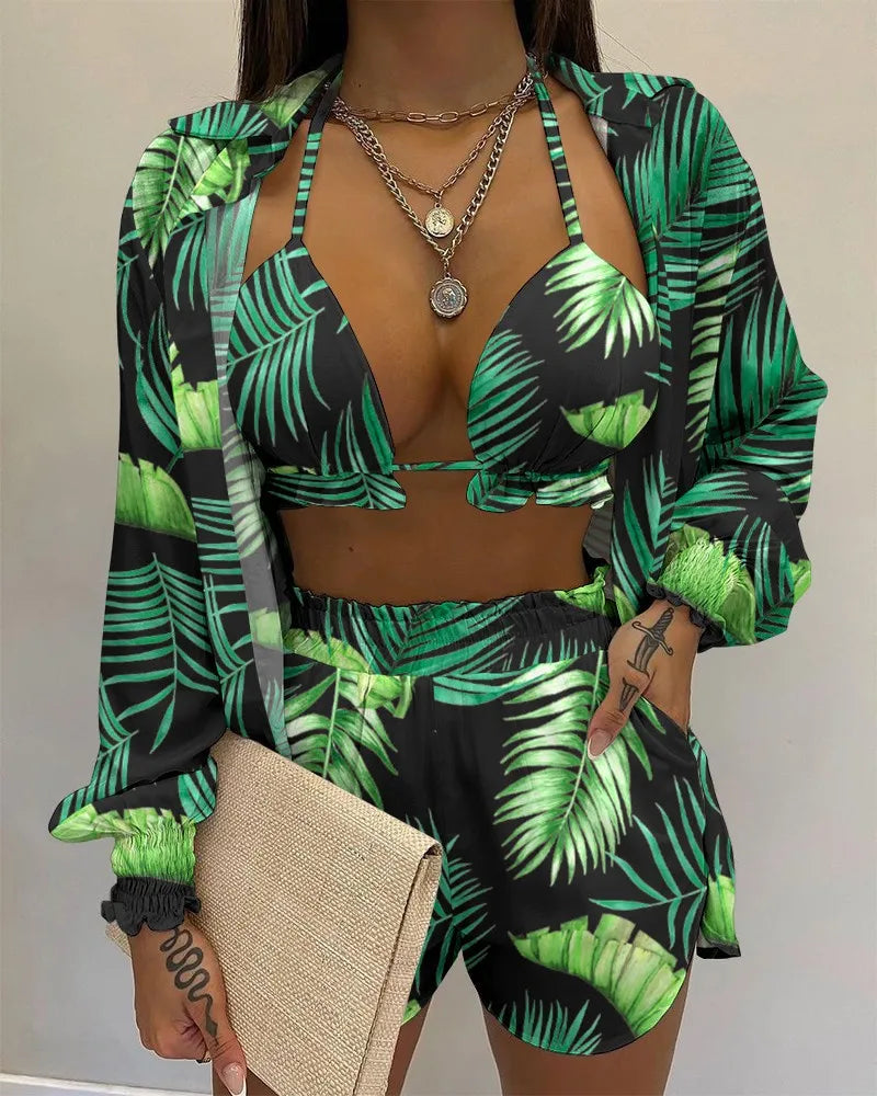 2024 Nieuwe Badpak Shorts Cover Up Zomer Drie Stukken Badmode Sexy Beachwear Hoge Taille Bikini Set Print Vrouwen badpak