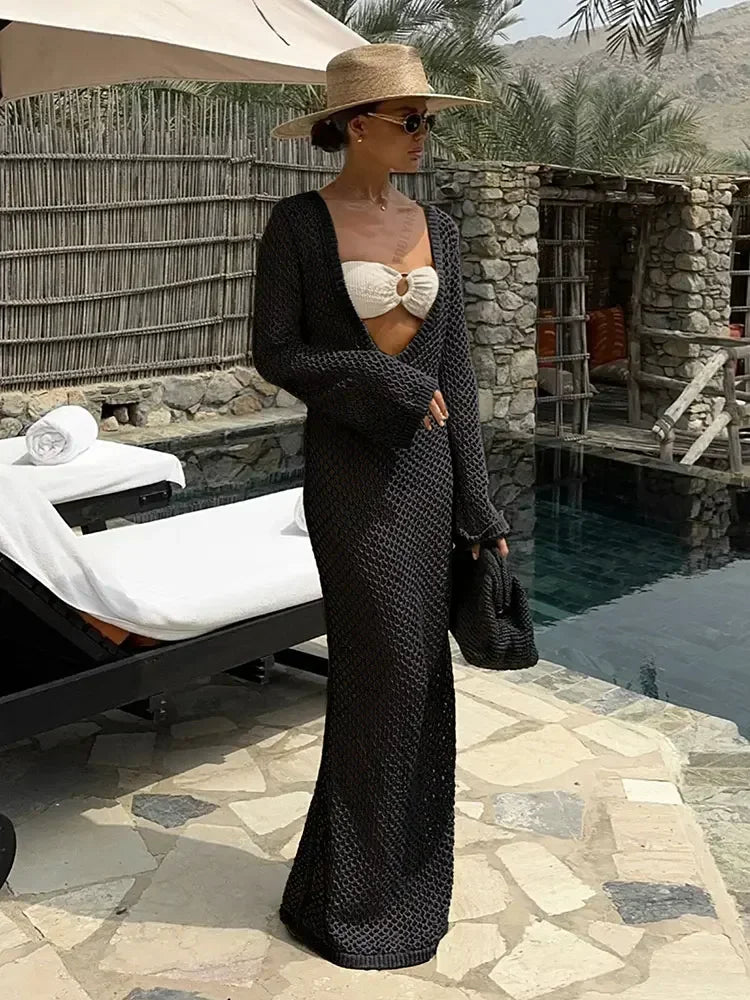 Sexy U-hals Bell Mouw Gebreide Maxi Jurk Zomer 2024 Vrouwen Badmode Vrouwelijke Bikini Cover-ups Vakantie Gehaakte Strand Outfit K21
