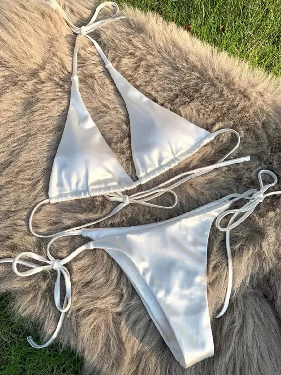 Halter Braziliaanse Metallic Satijnen Bikini Dames Badmode Vrouwelijk Badpak Tweedelige Bikini Set Hoog Uitgesneden Badpak Zwemmen Strandkleding