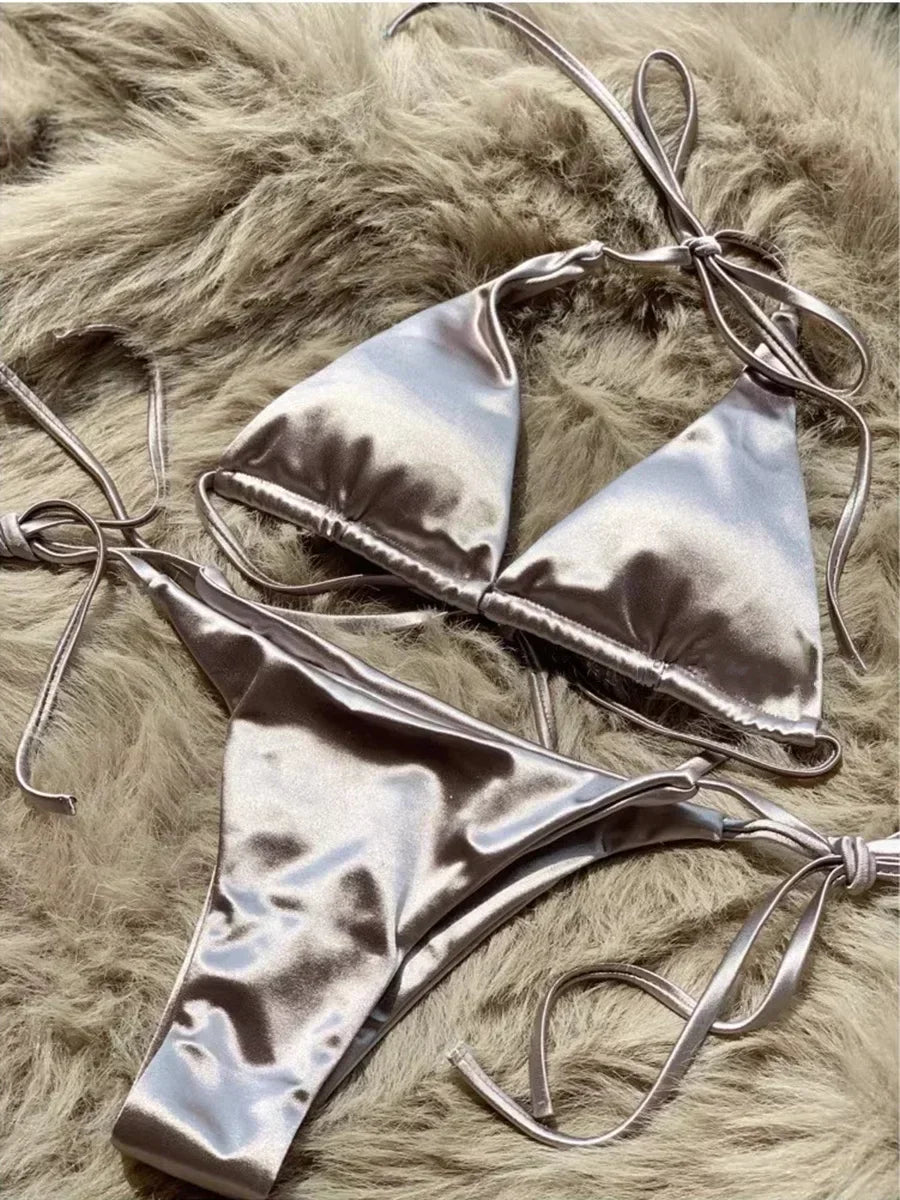 Halter Braziliaanse Metallic Satijnen Bikini Dames Badmode Vrouwelijk Badpak Tweedelige Bikini Set Hoog Uitgesneden Badpak Zwemmen Strandkleding