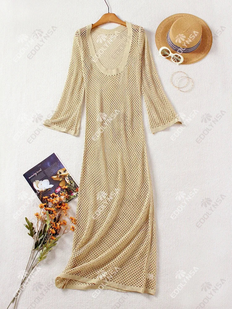 Sexy U-hals Bell Mouw Gebreide Maxi Jurk Zomer 2024 Vrouwen Badmode Vrouwelijke Bikini Cover-ups Vakantie Gehaakte Strand Outfit K21