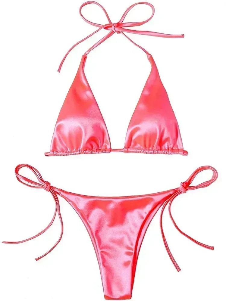 Halter Braziliaanse Metallic Satijnen Bikini Dames Badmode Vrouwelijk Badpak Tweedelige Bikini Set Hoog Uitgesneden Badpak Zwemmen Strandkleding
