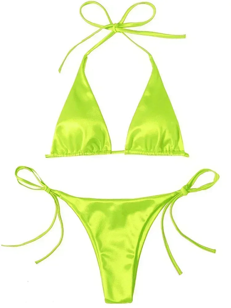 Halter Braziliaanse Metallic Satijnen Bikini Dames Badmode Vrouwelijk Badpak Tweedelige Bikini Set Hoog Uitgesneden Badpak Zwemmen Strandkleding