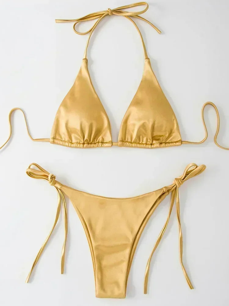 Halter Braziliaanse Metallic Satijnen Bikini Dames Badmode Vrouwelijk Badpak Tweedelige Bikini Set Hoog Uitgesneden Badpak Zwemmen Strandkleding