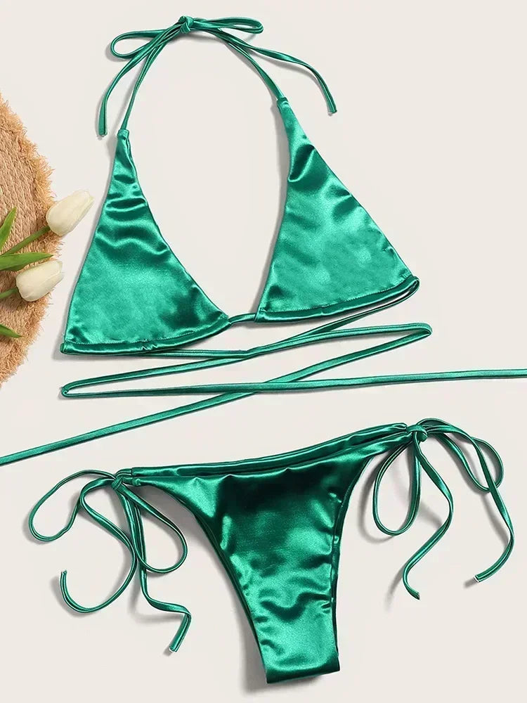 Halter Braziliaanse Metallic Satijnen Bikini Dames Badmode Vrouwelijk Badpak Tweedelige Bikini Set Hoog Uitgesneden Badpak Zwemmen Strandkleding