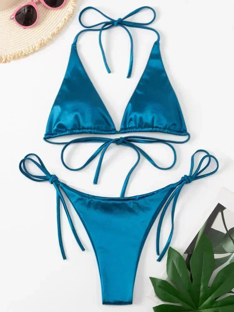 Halter Braziliaanse Metallic Satijnen Bikini Dames Badmode Vrouwelijk Badpak Tweedelige Bikini Set Hoog Uitgesneden Badpak Zwemmen Strandkleding