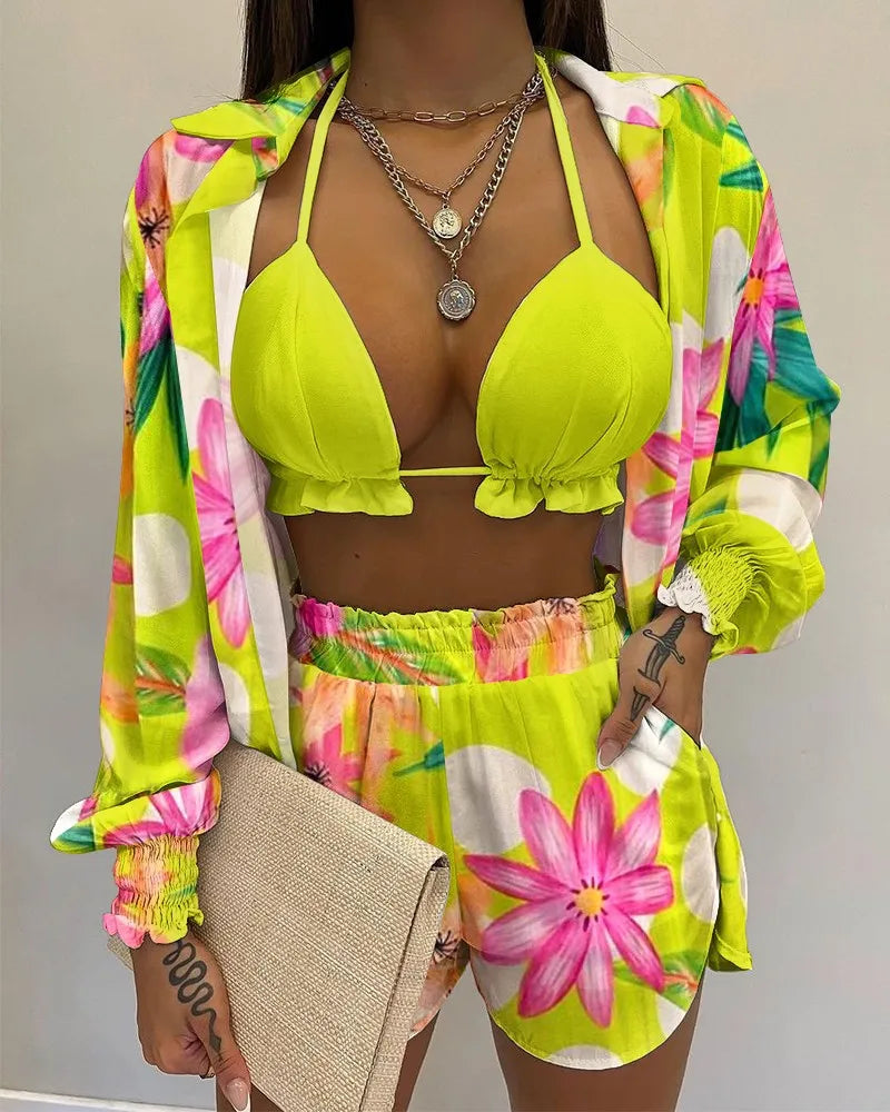 2024 Nieuwe Badpak Shorts Cover Up Zomer Drie Stukken Badmode Sexy Beachwear Hoge Taille Bikini Set Print Vrouwen badpak