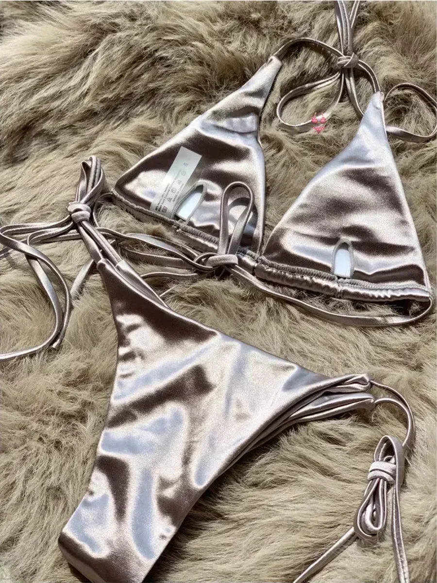 Halter Braziliaanse Metallic Satijnen Bikini Dames Badmode Vrouwelijk Badpak Tweedelige Bikini Set Hoog Uitgesneden Badpak Zwemmen Strandkleding