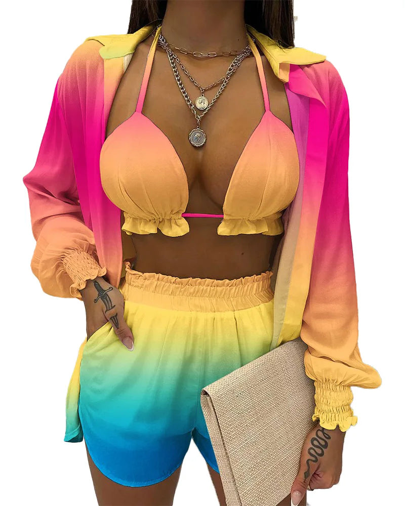 2024 Nieuwe Badpak Shorts Cover Up Zomer Drie Stukken Badmode Sexy Beachwear Hoge Taille Bikini Set Print Vrouwen badpak