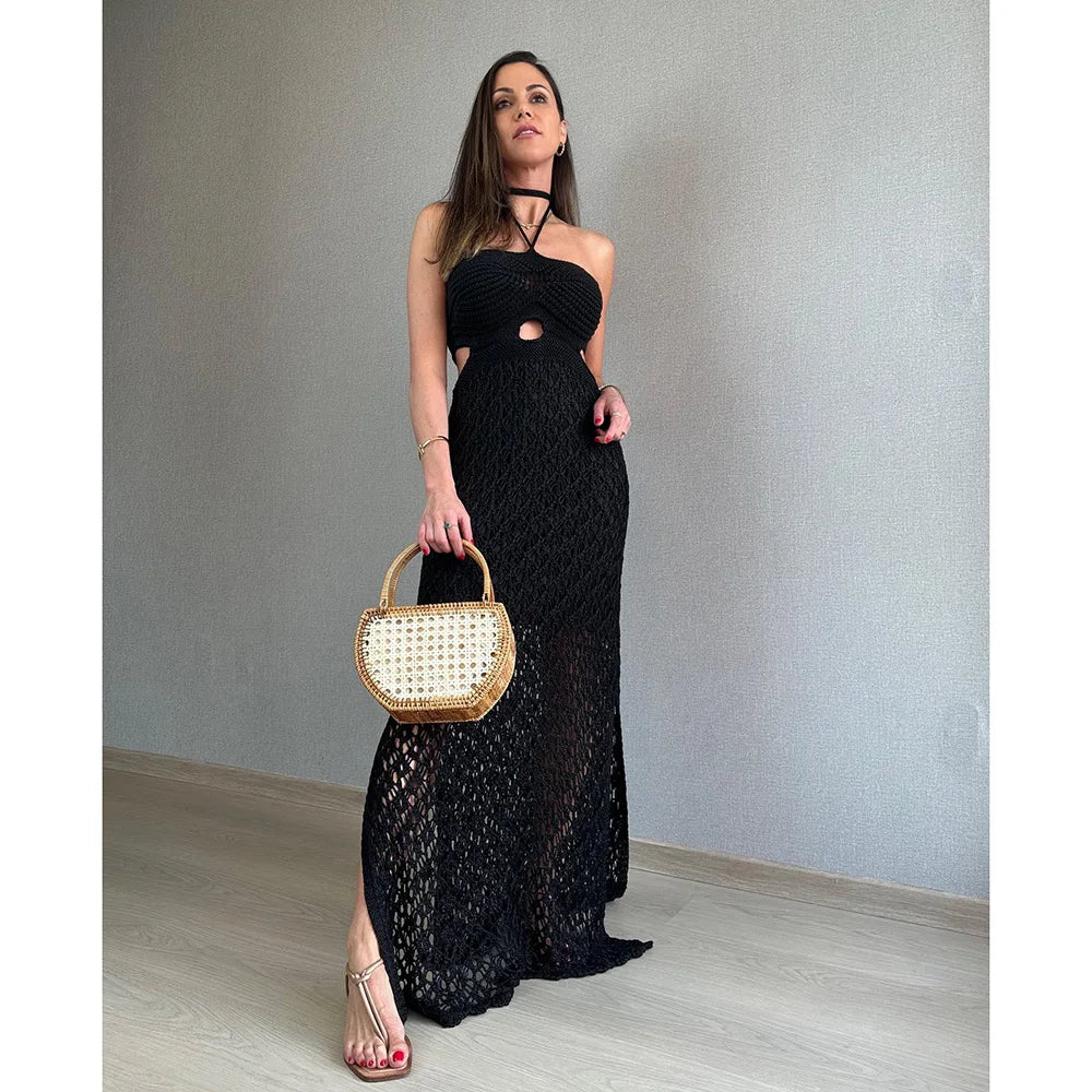 2024 Gehaakte Cover Up Strand Gebreide Mesh Sexy Bandeau Maxi Jurk Vrouwen Zomer Jurk Effen Bikini Cover-Ups Halter Strandmachine Nieuw