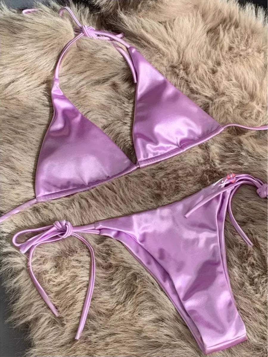Halter Braziliaanse Metallic Satijnen Bikini Dames Badmode Vrouwelijk Badpak Tweedelige Bikini Set Hoog Uitgesneden Badpak Zwemmen Strandkleding
