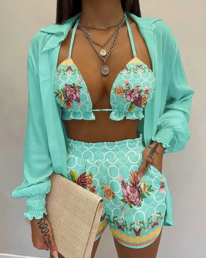 2024 Nieuwe Badpak Shorts Cover Up Zomer Drie Stukken Badmode Sexy Beachwear Hoge Taille Bikini Set Print Vrouwen badpak