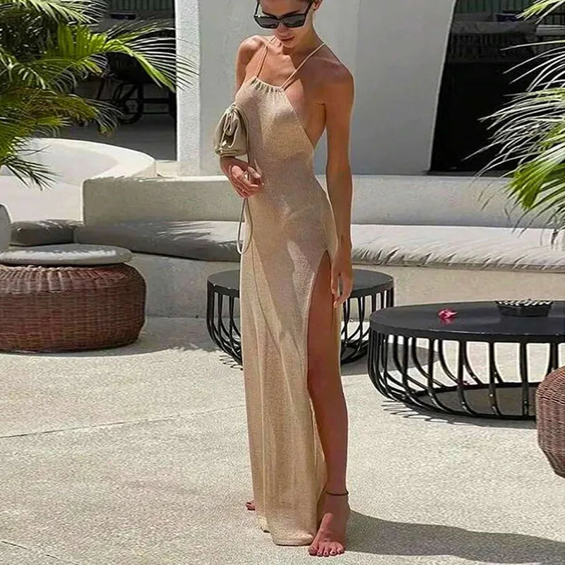 Para Praia gebreide cover-up strandjurk sexy doorzichtige split bodycon zomerjurk bikini's cover-ups elegante halter strandjurk