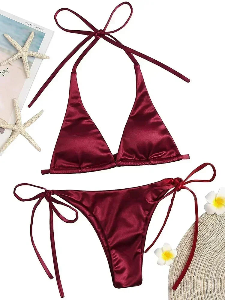 Halter Braziliaanse Metallic Satijnen Bikini Dames Badmode Vrouwelijk Badpak Tweedelige Bikini Set Hoog Uitgesneden Badpak Zwemmen Strandkleding