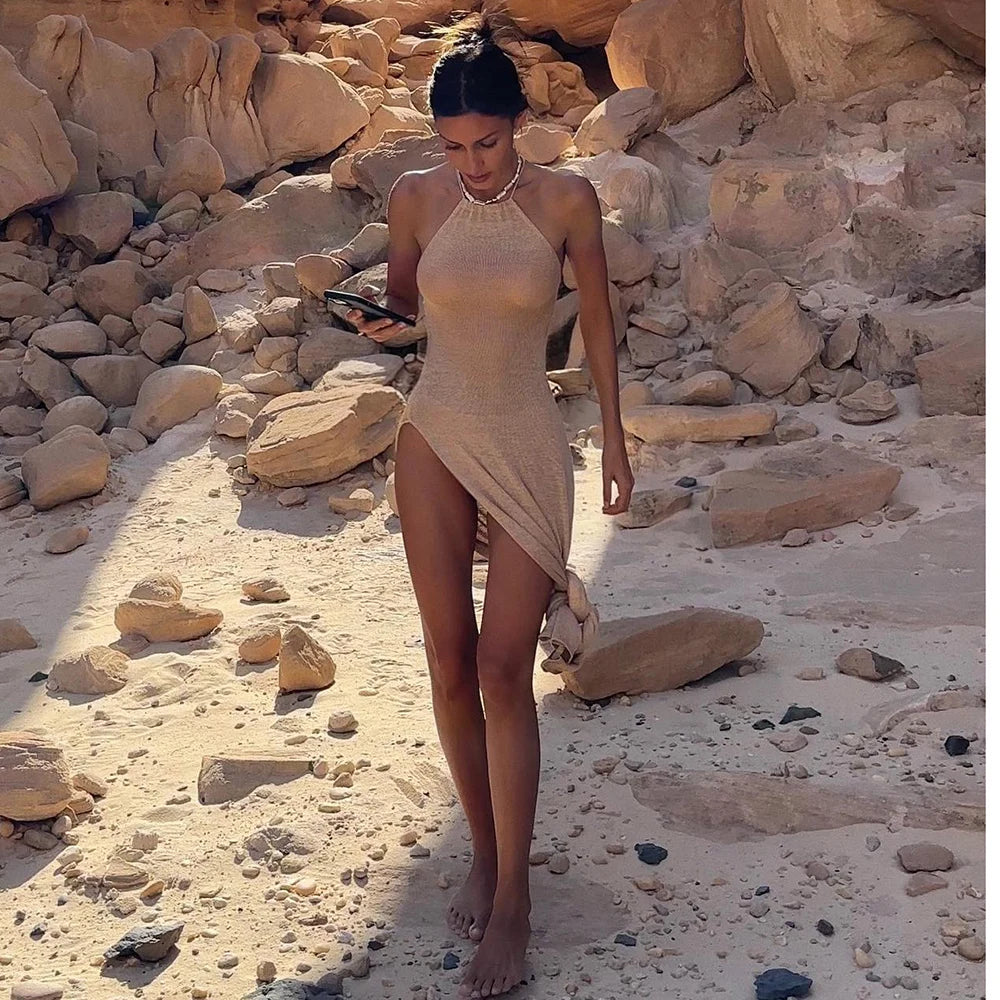 Para Praia gebreide cover-up strandjurk sexy doorzichtige split bodycon zomerjurk bikini's cover-ups elegante halter strandjurk