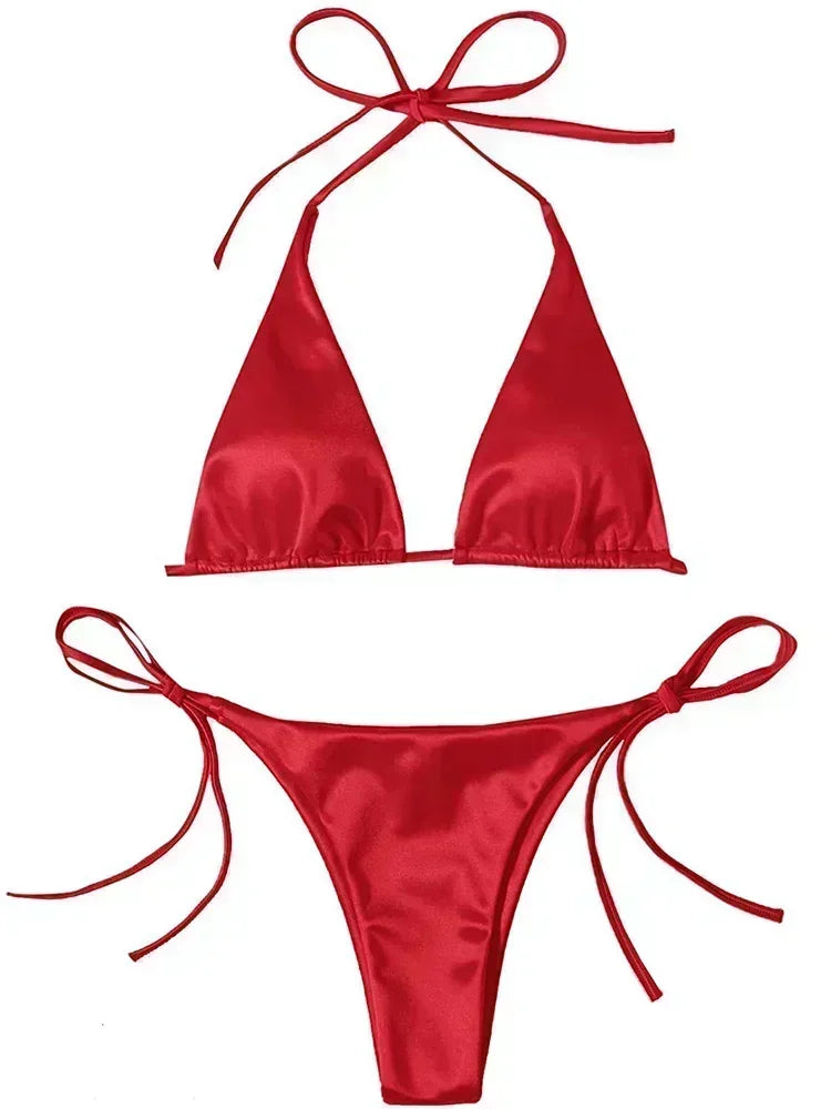 Halter Braziliaanse Metallic Satijnen Bikini Dames Badmode Vrouwelijk Badpak Tweedelige Bikini Set Hoog Uitgesneden Badpak Zwemmen Strandkleding