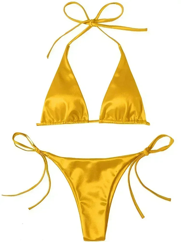 Halter Braziliaanse Metallic Satijnen Bikini Dames Badmode Vrouwelijk Badpak Tweedelige Bikini Set Hoog Uitgesneden Badpak Zwemmen Strandkleding