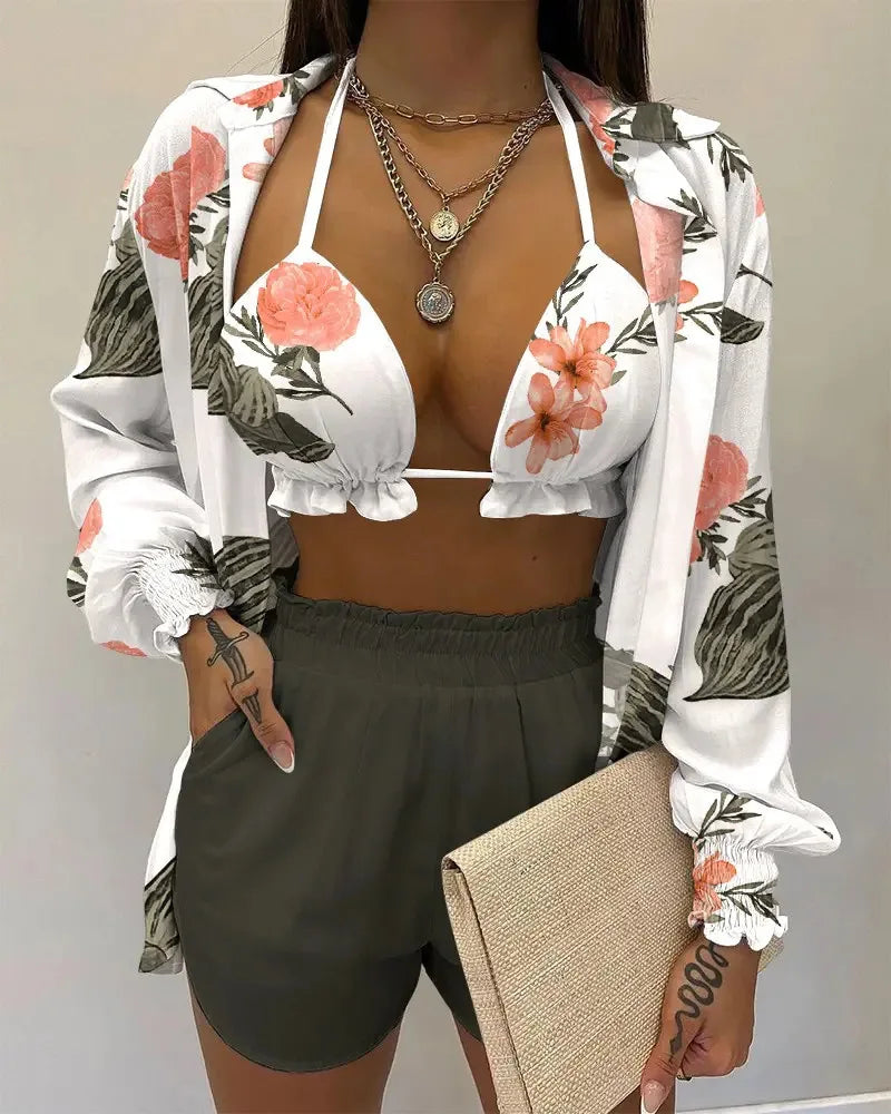 2024 Nieuwe Badpak Shorts Cover Up Zomer Drie Stukken Badmode Sexy Beachwear Hoge Taille Bikini Set Print Vrouwen badpak