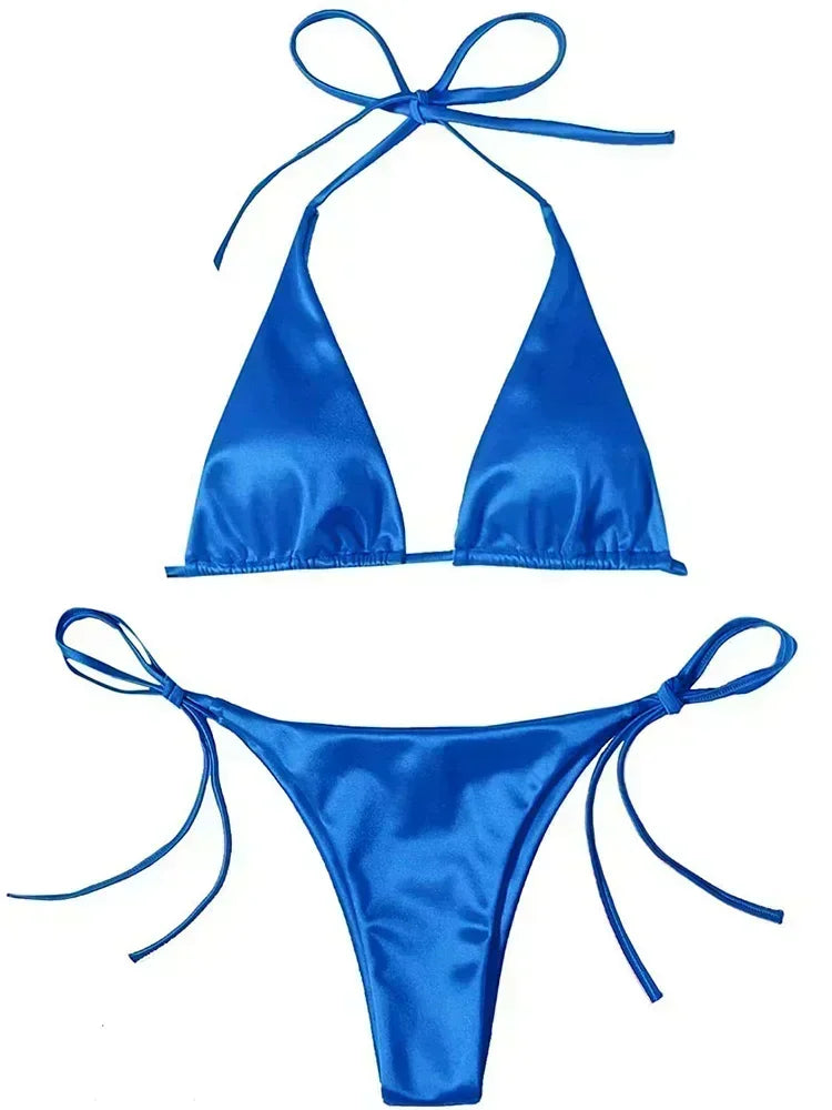 Halter Braziliaanse Metallic Satijnen Bikini Dames Badmode Vrouwelijk Badpak Tweedelige Bikini Set Hoog Uitgesneden Badpak Zwemmen Strandkleding