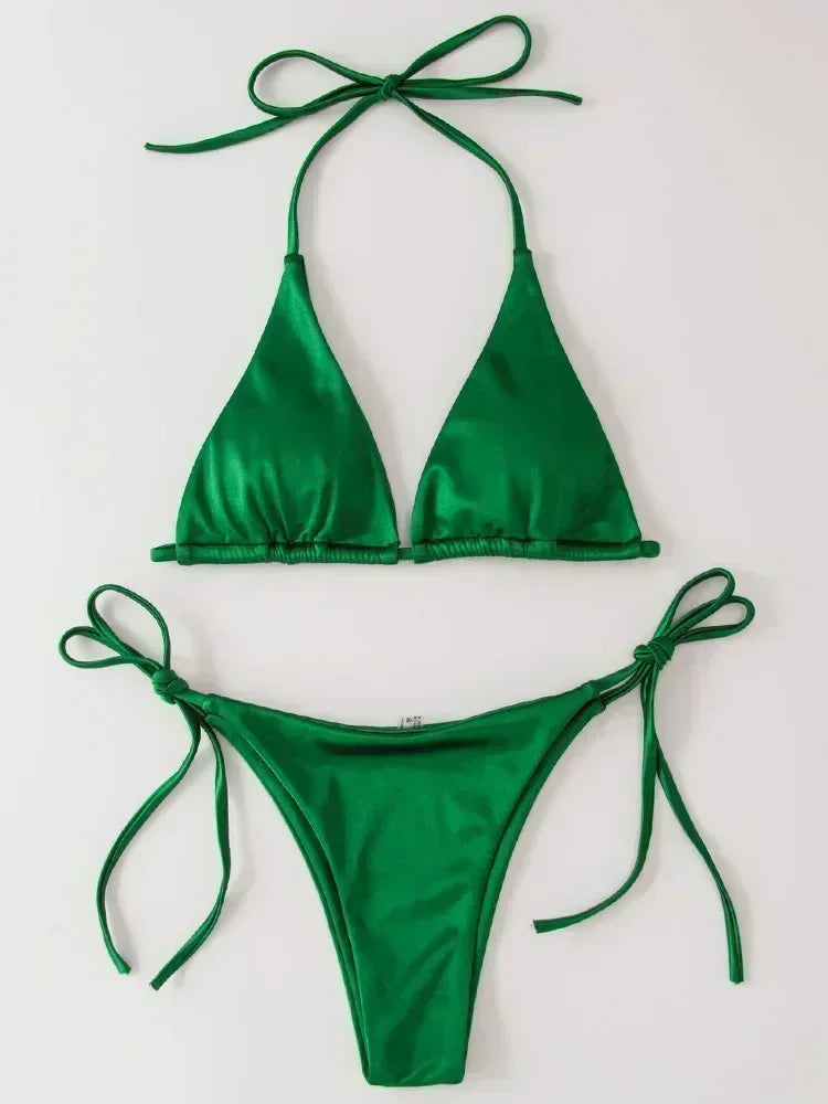 Halter Braziliaanse Metallic Satijnen Bikini Dames Badmode Vrouwelijk Badpak Tweedelige Bikini Set Hoog Uitgesneden Badpak Zwemmen Strandkleding