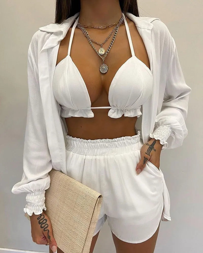 2024 Nieuwe Badpak Shorts Cover Up Zomer Drie Stukken Badmode Sexy Beachwear Hoge Taille Bikini Set Print Vrouwen badpak