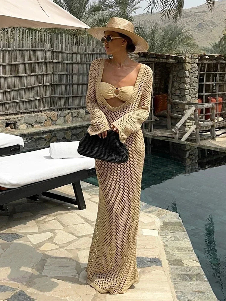 Sexy U-hals Bell Mouw Gebreide Maxi Jurk Zomer 2024 Vrouwen Badmode Vrouwelijke Bikini Cover-ups Vakantie Gehaakte Strand Outfit K21