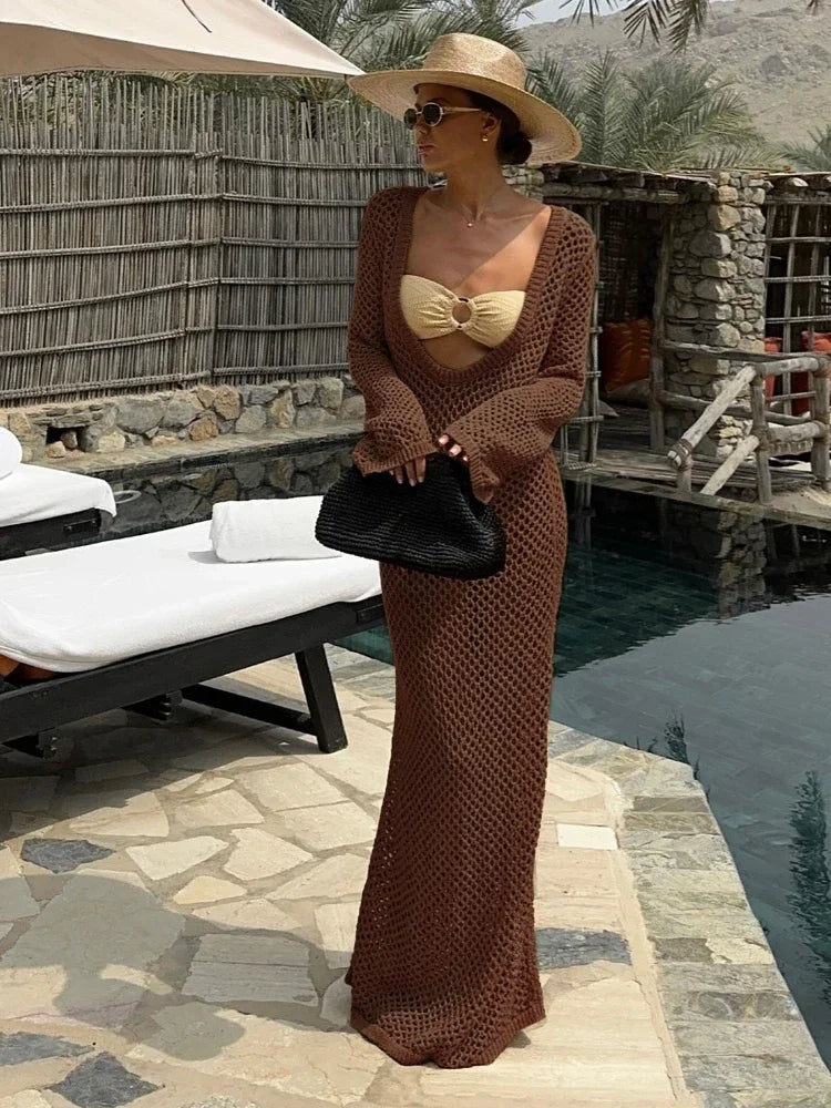 Sexy U-hals Bell Mouw Gebreide Maxi Jurk Zomer 2024 Vrouwen Badmode Vrouwelijke Bikini Cover-ups Vakantie Gehaakte Strand Outfit K21