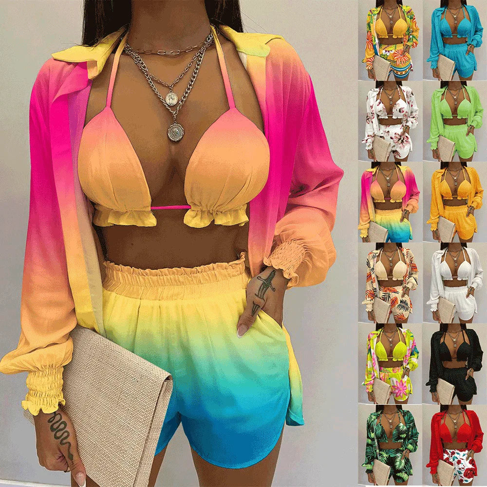 2024 Nieuwe Badpak Shorts Cover Up Zomer Drie Stukken Badmode Sexy Beachwear Hoge Taille Bikini Set Print Vrouwen badpak