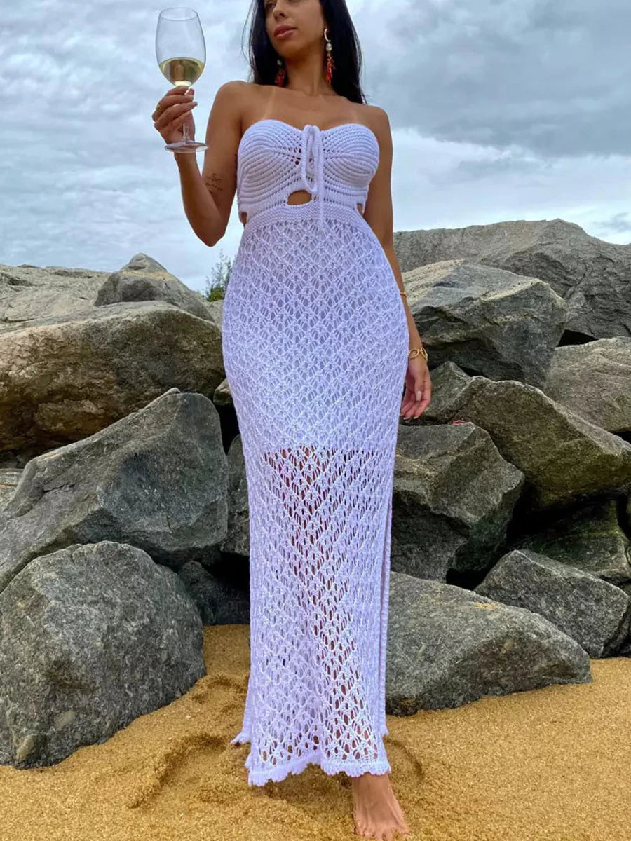 2024 Gehaakte Cover Up Strand Gebreide Mesh Sexy Bandeau Maxi Jurk Vrouwen Zomer Jurk Effen Bikini Cover-Ups Halter Strandmachine Nieuw