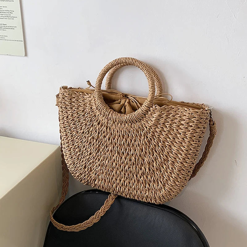 Stro Geweven Handtassen Voor Vrouwen Handgemaakte Reizen Kust Strandtas Zomer Nieuwe Handvat Emmer Tas Winkelen Draagtas Mand Bolsa