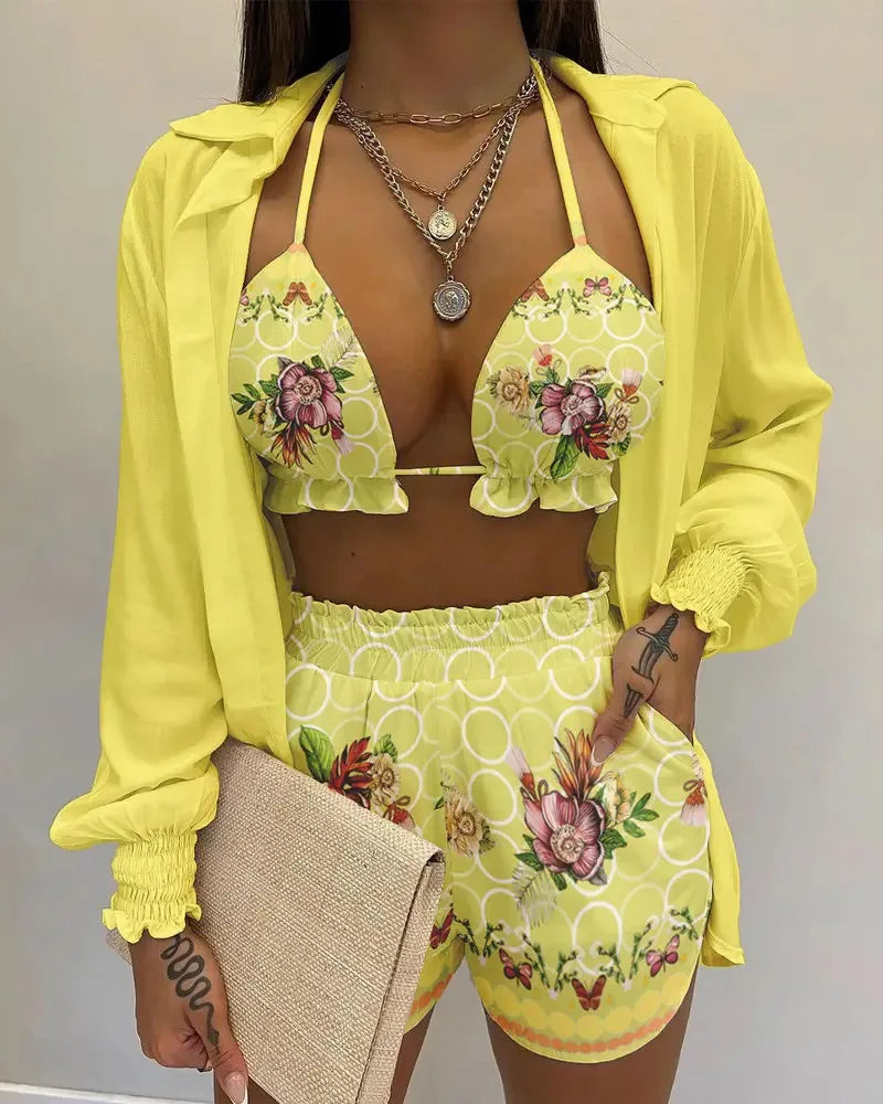 2024 Nieuwe Badpak Shorts Cover Up Zomer Drie Stukken Badmode Sexy Beachwear Hoge Taille Bikini Set Print Vrouwen badpak