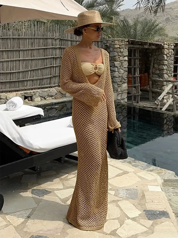 Sexy U-hals Bell Mouw Gebreide Maxi Jurk Zomer 2024 Vrouwen Badmode Vrouwelijke Bikini Cover-ups Vakantie Gehaakte Strand Outfit K21