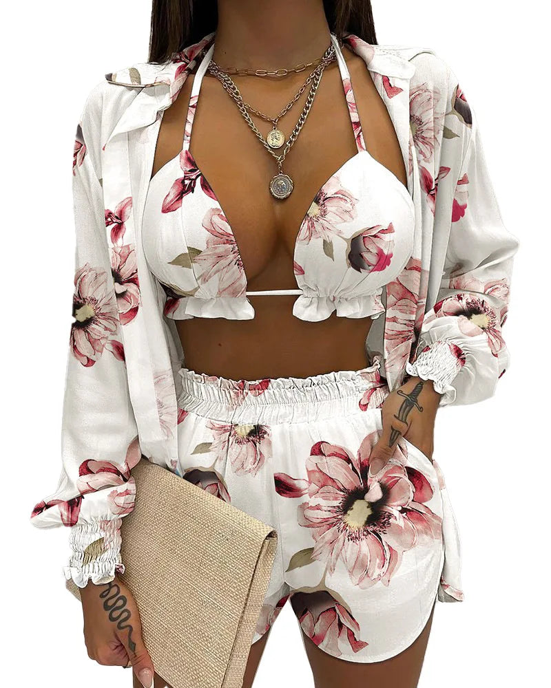2024 Nieuwe Badpak Shorts Cover Up Zomer Drie Stukken Badmode Sexy Beachwear Hoge Taille Bikini Set Print Vrouwen badpak