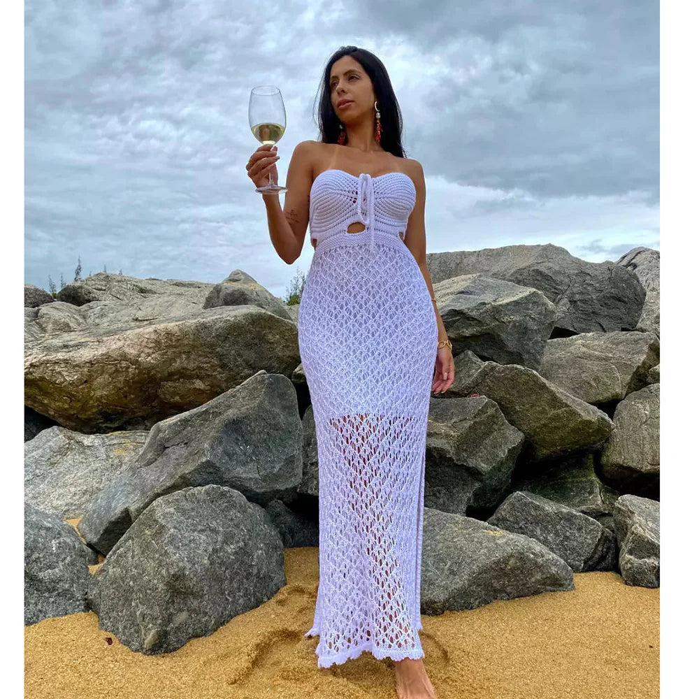 2024 Gehaakte Cover Up Strand Gebreide Mesh Sexy Bandeau Maxi Jurk Vrouwen Zomer Jurk Effen Bikini Cover-Ups Halter Strandmachine Nieuw
