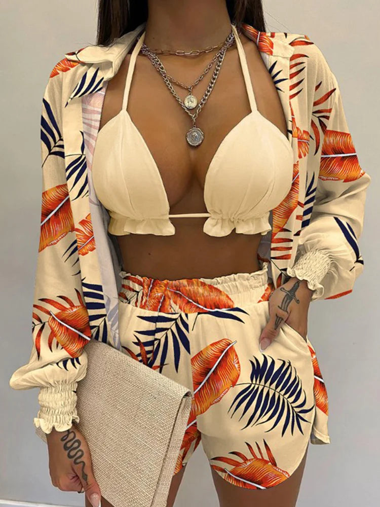 2024 Nieuwe Badpak Shorts Cover Up Zomer Drie Stukken Badmode Sexy Beachwear Hoge Taille Bikini Set Print Vrouwen badpak