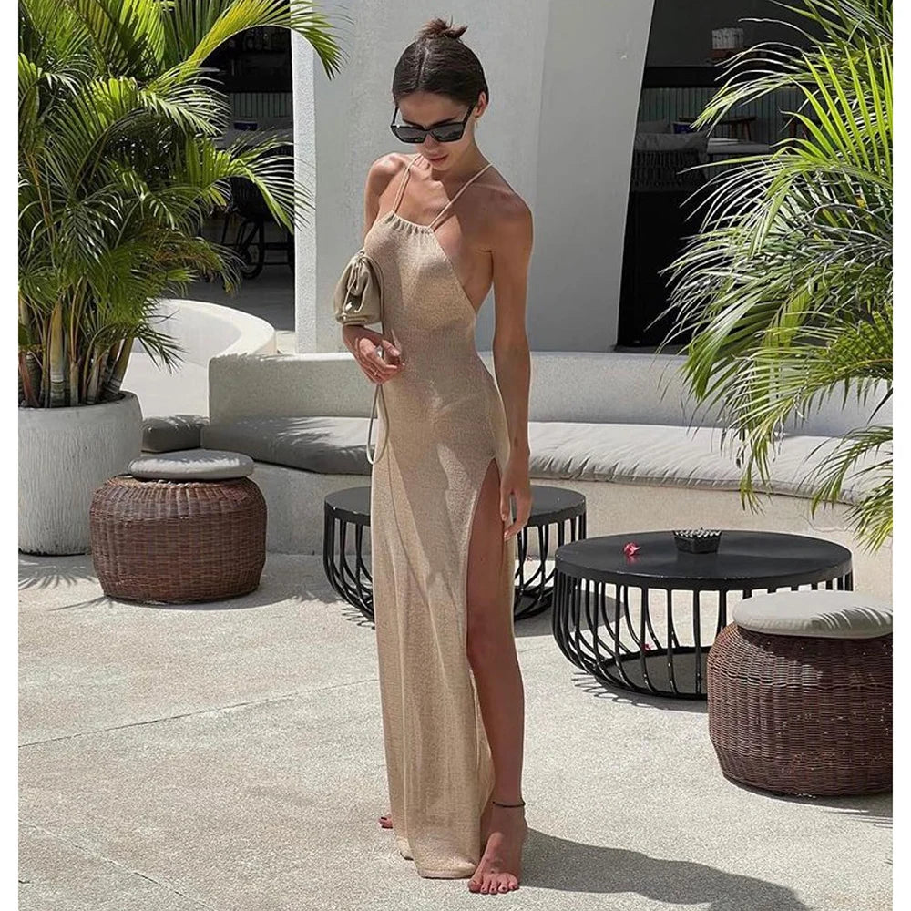 Para Praia gebreide cover-up strandjurk sexy doorzichtige split bodycon zomerjurk bikini's cover-ups elegante halter strandjurk