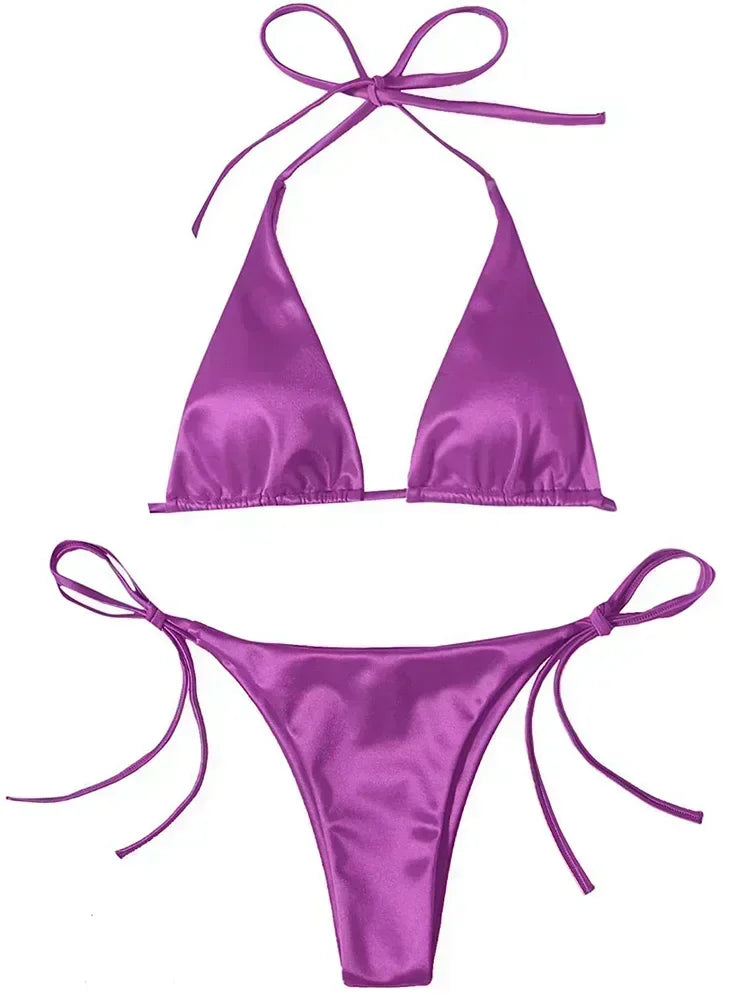 Halter Braziliaanse Metallic Satijnen Bikini Dames Badmode Vrouwelijk Badpak Tweedelige Bikini Set Hoog Uitgesneden Badpak Zwemmen Strandkleding