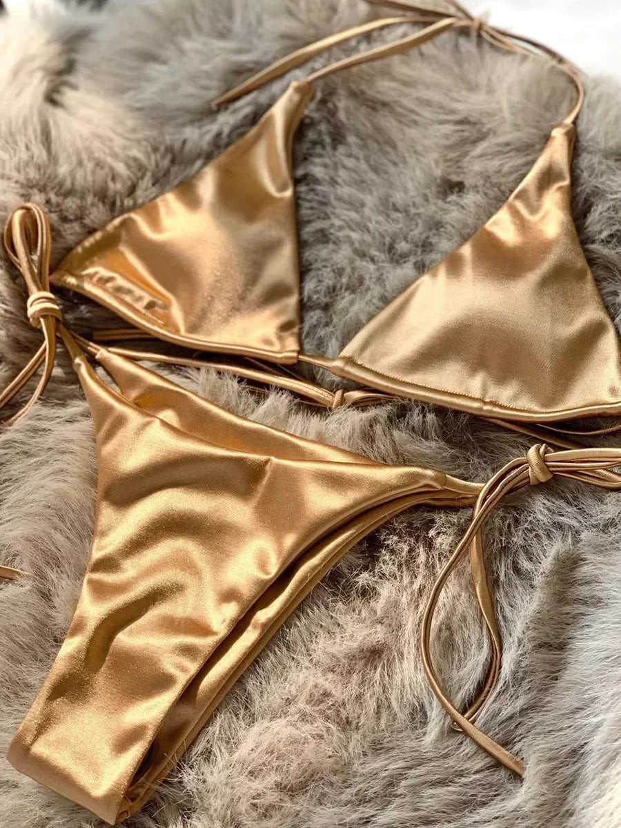 Halter Braziliaanse Metallic Satijnen Bikini Dames Badmode Vrouwelijk Badpak Tweedelige Bikini Set Hoog Uitgesneden Badpak Zwemmen Strandkleding