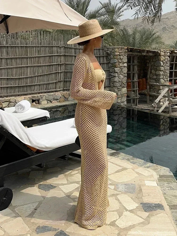 Sexy U-hals Bell Mouw Gebreide Maxi Jurk Zomer 2024 Vrouwen Badmode Vrouwelijke Bikini Cover-ups Vakantie Gehaakte Strand Outfit K21