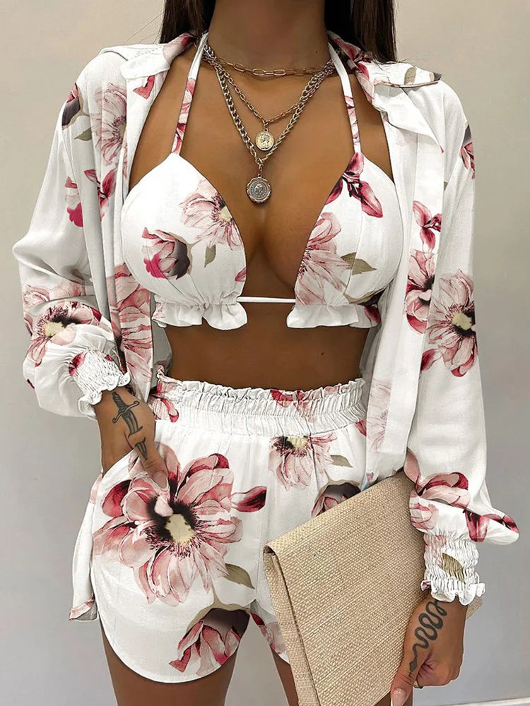 2024 Nieuwe Badpak Shorts Cover Up Zomer Drie Stukken Badmode Sexy Beachwear Hoge Taille Bikini Set Print Vrouwen badpak