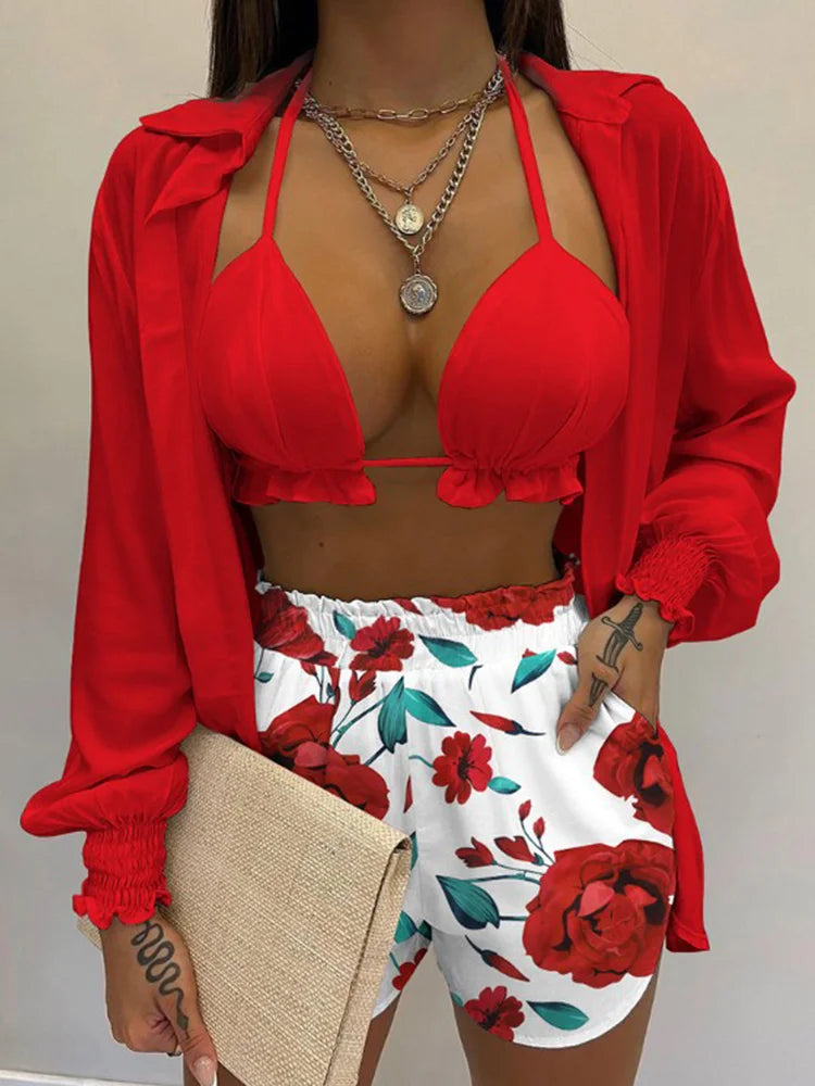 2024 Nieuwe Badpak Shorts Cover Up Zomer Drie Stukken Badmode Sexy Beachwear Hoge Taille Bikini Set Print Vrouwen badpak