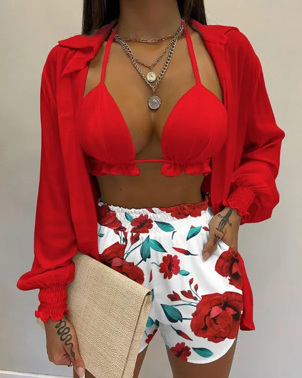 2024 Nieuwe Badpak Shorts Cover Up Zomer Drie Stukken Badmode Sexy Beachwear Hoge Taille Bikini Set Print Vrouwen badpak